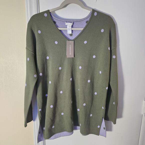 NWT J Jill Reversible Sweater Purple Green Long Sleeve Pullover Polka Dot V Neck - Picture 1 of 4